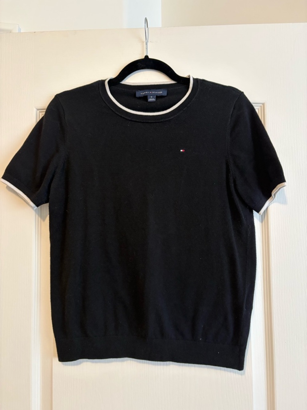 Tommy Hilfiger Black Crewneck Short-Sleeve Sweater with White Trim